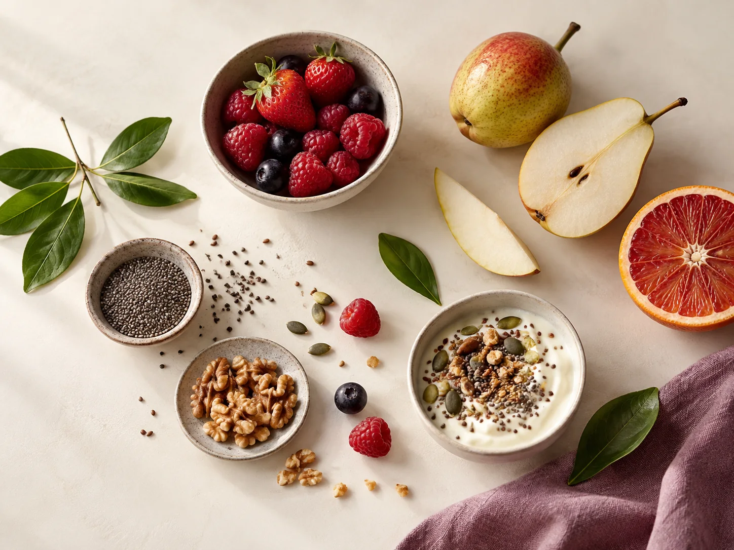 Frutas, sementes e alimentos frescos sobre uma mesa clara